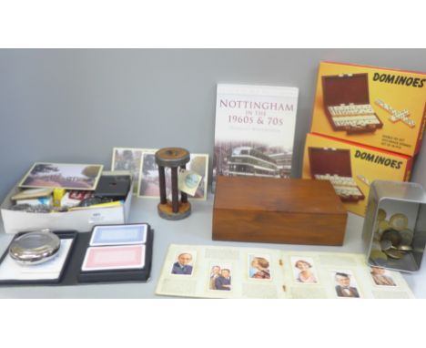 A collection of assorted items including wristwatches, a Dalvey travel clock, playing cards, dominoes sets 