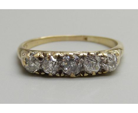 A Victorian 18ct gold, five stone diamond ring, 0.60 diamond weight, 2.6g, O 