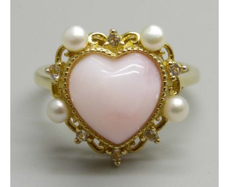 A silver gilt, pink opal, white topaz and Kaori pearl ring, O, with certificate 