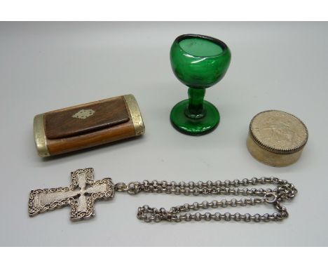 A wooden snuff box, a glass eye bath, a silver cross pendant on chain and a 1977 silver pot set with Jubilee crown lid 