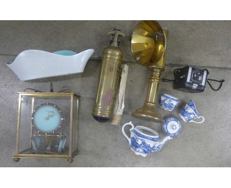 A lacemaker's brass lamp, a brass fire extinguisher with refil, a Poole pottery bowl, a Kundo anniversary clock and Kodak Dua