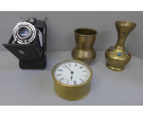 A 19th Century French clock, a brass vase with cabochon stones set, one other brass vase and a German Franka Bonafix camera 