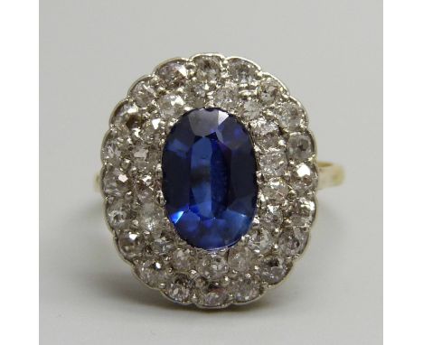 An 18ct gold, diamond and sapphire ring, 4.4g, Q, top 15mm x 18mm 