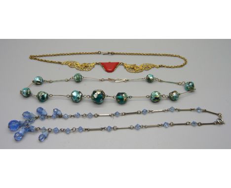 Three vintage necklaces including foil glass 