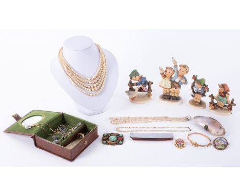 A mixed collection costume jewellery, 9ct yellow gold seed pearl bangle, brooches etc also four Hummel figures.