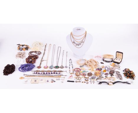 A large selection of costume jewellery &amp; silver, to include chains, beads, brooches, charm bracelet, watches, faux pearls