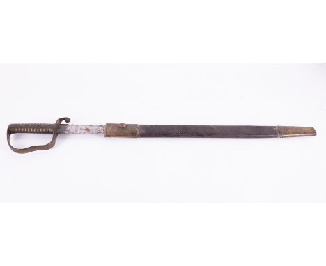 A 19th century boarding cutlass sword with leather scabbard, marked WD 35, 2'92, length including handle 70cm.We are sorry bu