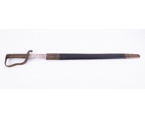 A 19th century boarding cutlass sword with leather scabbard, marked WD B 19, 1188, length including handle 70cm.We are sorry 