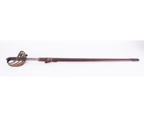 A military officers sword with leather scabbard, inscription to the blade S.J.Pillin 31 Gerrard St., Soho, No.101143, Royal C