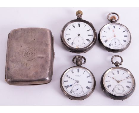 A silver cigarette case, Birmingham circa 1913 together with four open face pocket watches including Hinds Ltd, London, silve