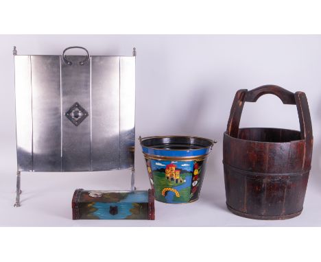 A carved oak stool together with a large wood water pail, chrome fire screen, barge ware bucket and box, (5).