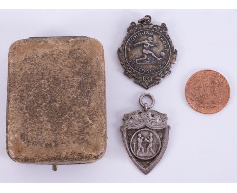 A white metal badge Brighouse Table Football Company, also a boxing silver pendant and coin.