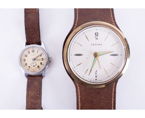 A vintage Timor wristwatch and a vintage Janine alarm clock in the style of a wristwatch with strap, (2).