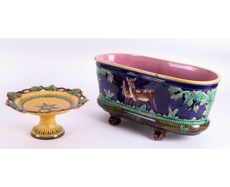 Majolica, a 19th century planter embossed and decorated with deer and a lilac interior, length 47cm, height 23cm, together wi