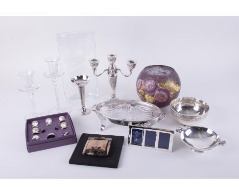 A mixed collection including silver plated items, purple glass rounded vase indistinctly signed etc.