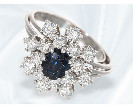 Ring: attraktiver vintage Saphir/Brillant-Damenring, ca. 1,3ct feine Brillanten: Ca. Ø18mm, RG57, ca. 5,7g, 18K Weißgold, Rin