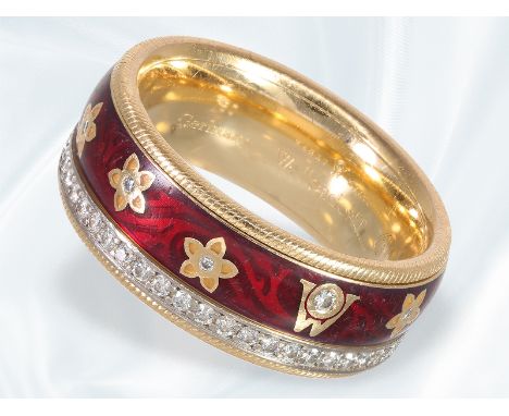 Ring: hochfeiner Wellendorf Gold/Emaille-Ring mit Brillanten, Modell "Kirsche": Ca. Ø19mm, RG60, ca. 18g, 18K Gold, signiert 