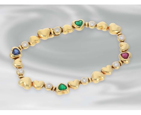 Armband: hochwertiges, goldenes Herzarmband mit Smaragd-, Rubin-, Saphir- und Brillantbesatz, ca. 2,54ct, 18K Gold, sehr teur