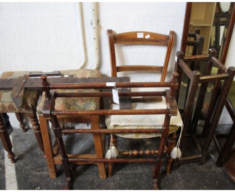 A mahogany stool, a sash clamp, a wooden towel rail, a stick stand, oak framed mirror, a hall chair and other small items of 