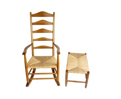 A modern ash framed ladder back rocking chair with woven seagrass seating together with two associated stools.