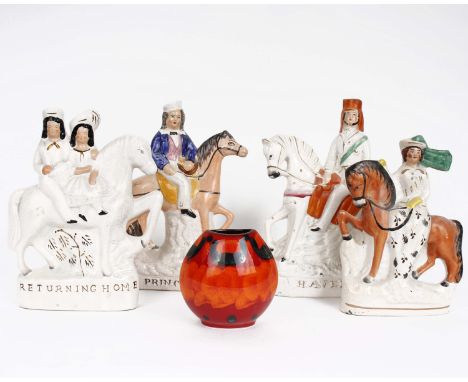 Five various 19th century Staffordshire flatback figures together with a modern Poole Pottery small vase 