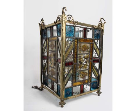 A Victorian brass and stained glass hall lantern (AF) 40 x25 x 25cm