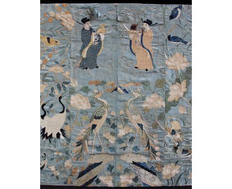 A large Chinese framed silk panel depicting flora and fauna with two Chinese elders, 104cm x 112cm