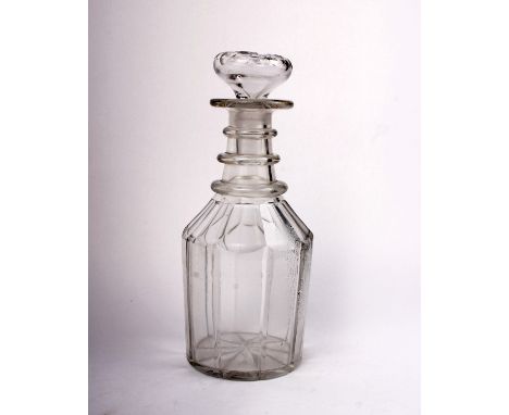 A late 19th /early 20th century cut glass ring neck decanter with mushroom stopper.