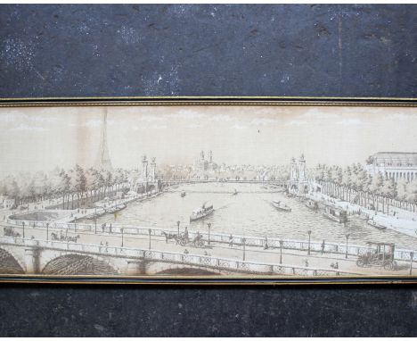A framed needlework panel of Paris, depicting the Seine River and Eiffel Tower, 42 x 131cm 