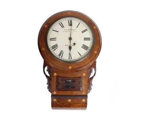 An Edwardian oak  wall clock with string inlay decoration by CH Prosser, St Georges Rd, Bristol. 