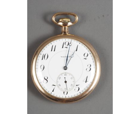 A rolled gold cased Waltham open faced pocket watch with white enamel dial, Arabic numerals and subsidiary seconds dialCondit