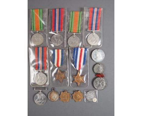 Six 1939-1946 War medals,&nbsp; two France and Germany Stars, five Victorian medallions, a Lewis Gunnery medallion and a Roya
