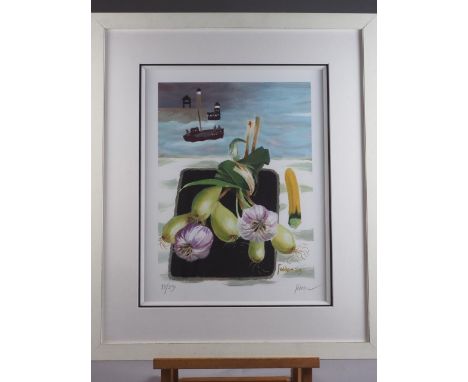 †Mary Fedden: a limited edition signed lithograph, 73/150, "Whitby Harbour", in white painted frame&nbsp; †ARR - Artist's Res