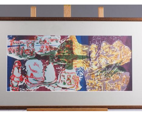 Frances Burges: silk screen print, "En Passent", in strip frame, an etching, "Enchanted Forest", in ebonised frame, and one o