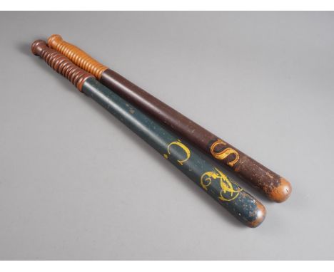 A Victorian truncheon/tipstaff with painted decoration, "VR S.C." , 18 1/2" long, and another similar, 18 3/4" long