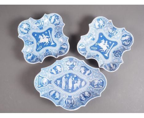 A pair of early 19th century Spode "Greek" pattern shaped dishes 9" wide, and another similar dish (restorations)Condition:Bo