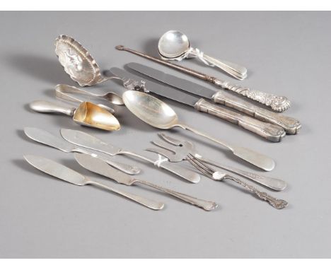 A collection of silver and white metal cutlery, various, two silver handled knives and a silver handled button hook, 8.4oz tr