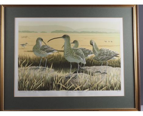 John Tennent, 1985: a screen print, "Curlews at High Tide", 47/85, in gilt frame, and a limited edition etching, "Teal", 49/1