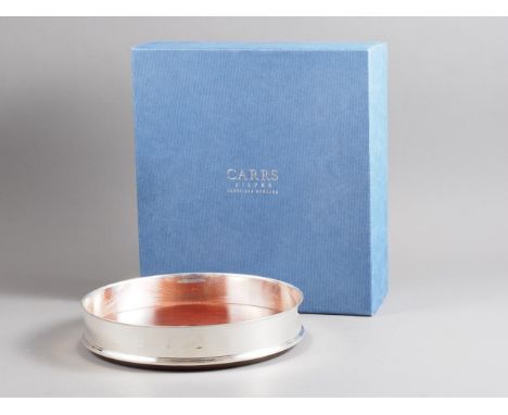 A silver ship's decanter coaster with mahogany base, boxed