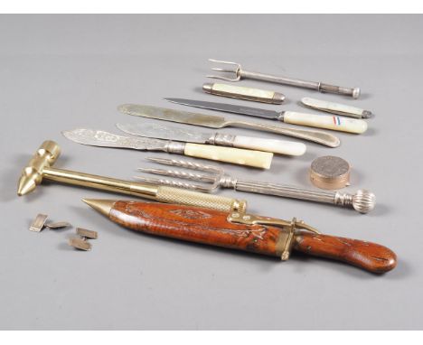 A pair of silver cufflinks, a silver and mother-of-pearl fruit knife, a brass hammer-shaped multi-tool and other items