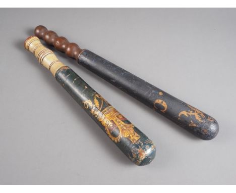 A Victorian truncheon/tipstaff with painted "VR" and crown decoration, 12 1/4" long, and another similar with "VR S.C." decor