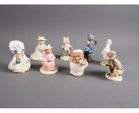 Four Royal Albert Beatrix Potter models, "Johnny Town-Mouse with a Bag", "Lady Mouse", "Mr Drake Puddle-duck" and "Mrs Tiggy 