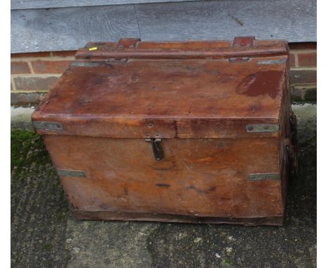An early 20th century heavy leather travel trunk, 27" wide x 18" deep x 18" high