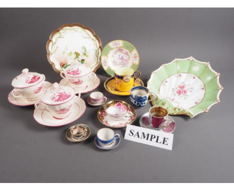 Three Copeland Spode lidded two-handled cups and saucers with puce bird in a landscape decoration, cabinet cups and saucers, 