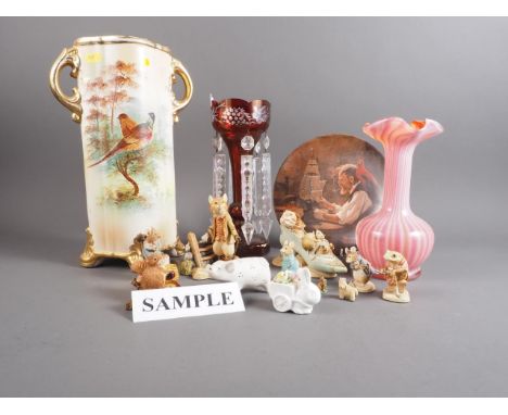 A quantity of mostly Border Fine Arts model animals, a Japanese vase, 13" high, an overlaid ruby glass lustre and other items