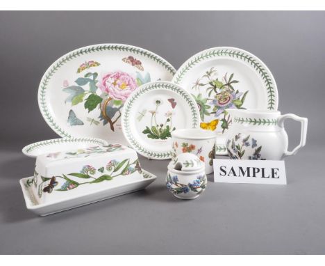 A quantity of Portmeirion "The Botanic Garden" pattern china, including a platter, 20 1/2" wide, a cachepot, a mustard pot, a