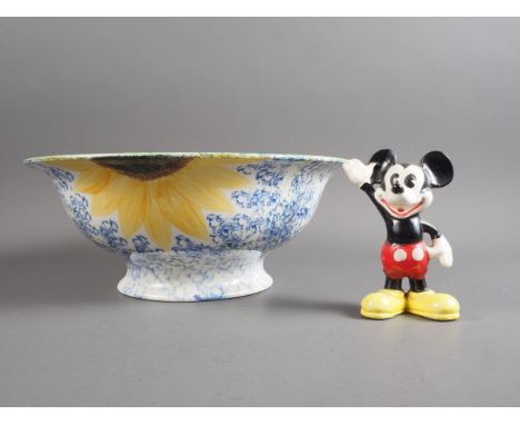 A Poole Pottery sponge ware bowl, 14" dia, and a Mickey Mouse figure