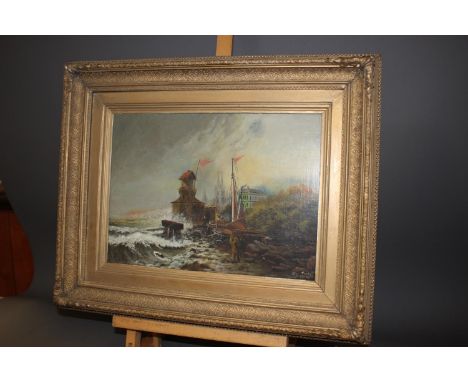 Thomas Grainger, 1873: oil on canvas, Continental lighthouse, 10 1/2" x 14 1/2", in gilt frame (cleaned and relined), and Jus
