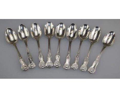 William Eaton and others, a matched set of nine silver fiddle, thread and shell pattern dessert spoons. London 1841 etc. 17.4