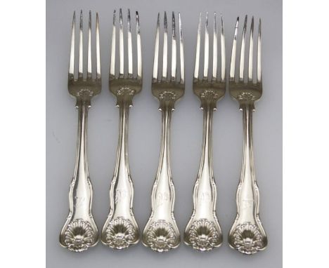 John and Henry Lias and others, a matched set of five silver fiddle, thread and shell pattern table forks. London 1843 etc. 1